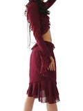 Poshoot Burgundy Chiffon Ruffled Trim Tie Front Long Sleeve Tee & Split Skirt Set