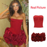 Poshoot outfit Women's Sleeveless 2 Piece Dress Set Mini Sexy Cropped Top and Skirt Set Red Strapless Corset Party Dresses