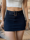 Poshoot Buckle Belt Denim Cargo Mini Skirt