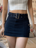 Poshoot Buckle Belt Denim Cargo Mini Skirt