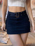 Poshoot Buckle Belt Denim Cargo Mini Skirt