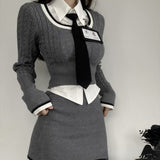 Poshoot Fashion Knitted Suit Woman Y2k Crop Tops Sweater + Casual Shirt  Slim Bodycon Mini Skirt Korean 3 Piece Set   Autumn