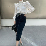 Poshoot Elegant Stand Collar Fungus Bow Letter Print Blouses  Autumn Winter New Shirts Women Y2k Long Sleeve White Blusas Mujer