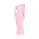 Poshoot outfit High End Mesh Long Sleeved Diagonal Shoulder Pleated Slit Long Skirt One Shoulder Pink Dress  Sweet Girl Style 2025