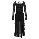 Poshoot Fashion Sexy Mesh Long Sleeved Dress for Women Y2k Grunge Slim Fit Split Dresses  Summer New Mid-length Vestidos Mujer