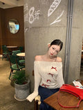 Poshoot Bow Off Shoulder White Knitted Sweater for Women  Early Autumn New Bottoming Tops Mujer Y2k Long Sleeved Pullovers T Shirts