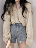 Poshoot Y2k Apricot Color Cozy V Neck Baggy Thin Sweater