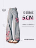 Poshoot American Tie-dye Butterfly Embroidery Raw-edge Jeans for Women Fashion Street Hot Girl Wide Leg Pants Y2k Loose Mopping Pants