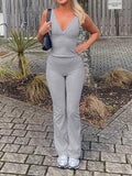 Poshoot nye outfits party outfits Sweetown Gray Slim Sleeveless V Neck Vest And V Shape Waist Flared Leggings 2 Pieses Pants Sets Womens Summer Baddie Outfits