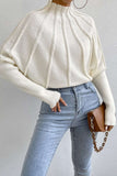 Poshoot Solid Color Mock Neck Textured Batwing Sleeve Sweater