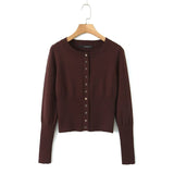 Poshoot outfit Fall Single-breasted Buttons Sweater Cardigan Brown Casual Short Knitted Sweater O Neck Women Knitted Cardigan