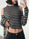 Poshoot Cold Shoulder Striped Cropped Sweater  Christmas Gifts