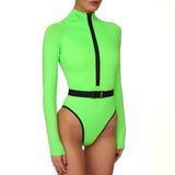 Poshoot-Contrast Long Sleeve Rash Guard One Piece Swimsuit - Neon Green