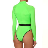 Poshoot-Contrast Long Sleeve Rash Guard One Piece Swimsuit - Neon Green