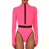 Poshoot-Contrast Long Sleeve Rash Guard One Piece Swimsuit - Neon Pink