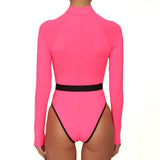 Poshoot-Contrast Long Sleeve Rash Guard One Piece Swimsuit - Neon Pink