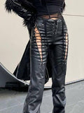 Poshoot Cut-out Lace Up Pu Leather Pants