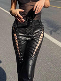 Poshoot Cut-out Lace Up Pu Leather Pants