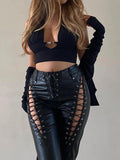 Poshoot Cut-out Lace Up Pu Leather Pants