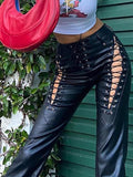 Poshoot Cut-out Lace Up Pu Leather Pants