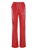 Poshoot Cut-out Lace Up Pu Leather Pants