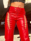 Poshoot Cut-out Lace Up Pu Leather Pants