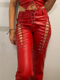 Poshoot Cut-out Lace Up Pu Leather Pants