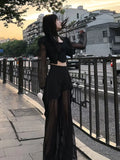 Poshoot Korean Simple High Waist Hollow Out Black Pants+ Y2k E-Girl Slim Fit Mesh Long Sleeve Tops Women  Grunge Two Piece Sets