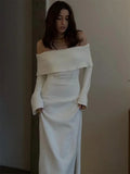 Poshoot Outfit White Autumn Knit Sweater Long Dress Women Ribbed High Waist Fashion Off-Shoulder Loose Party Dress Female Knitwear Dress