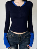 Poshoot Blue Color Block Stitching Long Sleeve Tee