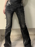 Poshoot American Street Low-waisted Flare Pants Black Gray Gradient Denim Trousers Y2k Vintage Washed Straight Wide Leg