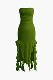 Poshoot Solid Color French Ruffle Hem Ruched Tube Maxi Dress