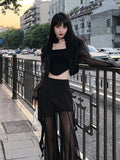 Poshoot Korean Simple High Waist Hollow Out Black Pants+ Y2k E-Girl Slim Fit Mesh Long Sleeve Tops Women  Grunge Two Piece Sets