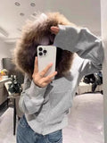 Poshoot American Retro Fur Collar Hooded Zipper Sweatshirt Fashionable Street Sweatshirt Hoodie Harajuku Style Simple Hooded Sweatshirt