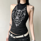 Poshoot Camisole Gothic Women's Clothes Aesthetic Sexy Tank Top Black Slim Rhinestone Corset Top EMO Girl Harajuku Crop Tops Punk Camis