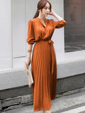 Poshoot outfit Autumn Long Sleeve Pleated Dress Women Elegant Midi Dress Office Ladies Vintage Dresses with Belt High Waisted High Quality