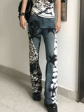 Poshoot American Vintage Washed Skull Leopard Print Micro-flare Jeans Fashion High Street Hot Girl Micro-flared Pants Y2k Trousers