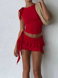 Poshoot Red Ribbon Crop Top & Mini Skirt Two Piece