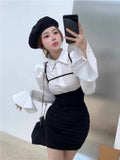 Poshoot Fashion Simple Puff Sleeve White Shirts Women+ Y2k E-Girl Sexy Slim Waist Black Strap Dresses Summer New Two Piece Sets