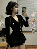 Poshoot Korean Fashion V-nck Long Sleeve Black Knitted Cardigan+ Y2k E-Girl High Waist Ruched Short Skirts  New Two Piece Sets