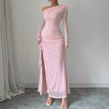 Poshoot outfit High End Mesh Long Sleeved Diagonal Shoulder Pleated Slit Long Skirt One Shoulder Pink Dress  Sweet Girl Style 2025