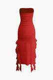 Poshoot Solid Color French Ruffle Hem Ruched Tube Maxi Dress