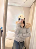 Poshoot American Retro Fur Collar Hooded Zipper Sweatshirt Fashionable Street Sweatshirt Hoodie Harajuku Style Simple Hooded Sweatshirt