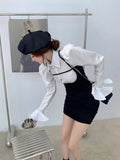 Poshoot Fashion Simple Puff Sleeve White Shirts Women+ Y2k E-Girl Sexy Slim Waist Black Strap Dresses Summer New Two Piece Sets