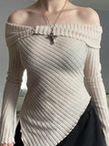 Poshoot-Skin Asymmetrical Knit Pullover Off Shoulder Top