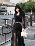 Poshoot Korean Simple High Waist Hollow Out Black Pants+ Y2k E-Girl Slim Fit Mesh Long Sleeve Tops Women  Grunge Two Piece Sets