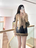 Poshoot Washed Fur Paneled Denim Skirt for Women Retro Sexy Hot Girl High Waist A-line Skirt Fashion Casual Package Hip Skirt Streetwear