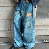 Poshoot American Vintage Patchwork High Waist Loose Wide Leg Jeans Stylish High Street Wide Leg Jeans Harajuku Style Hip Hop Y2k Pants