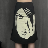 Poshoot Women High-waisted Black Skirts Mid-length Tight Style Skirt Anime patterns Casual Chic bottoms Gothic Streetwear