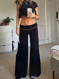 Poshoot nye outfits party outfits Contrast Lace-Up Low Waist Y2K Flared Pants Women Black Basic Simple Casual Sweet Style Trousers